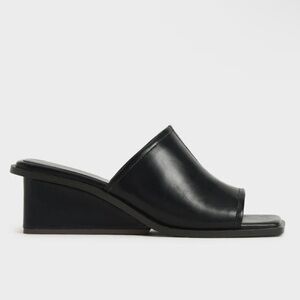 Square Toe Wedge Mules - Black